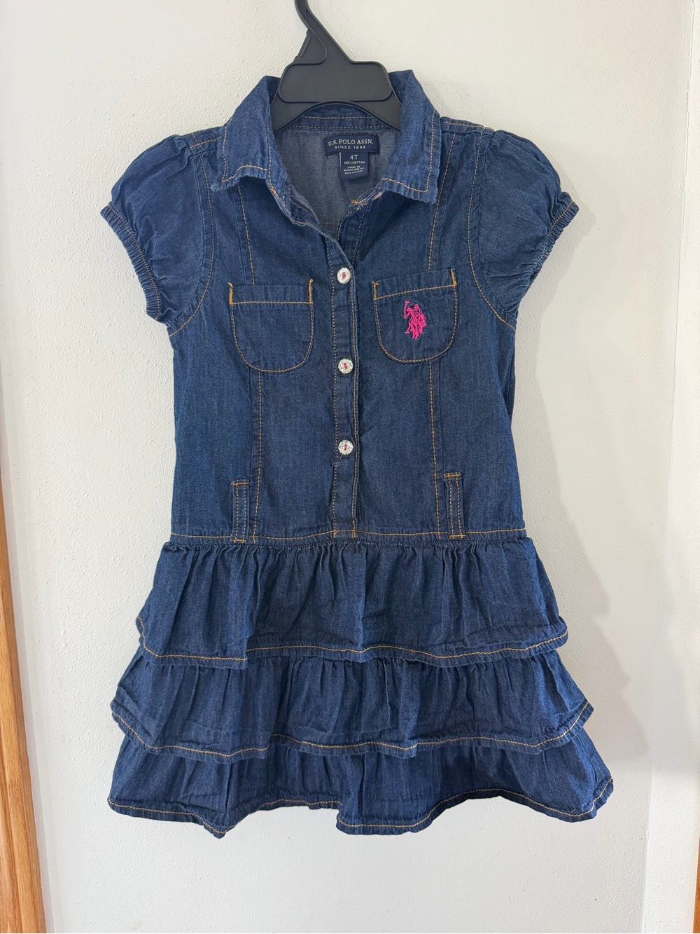 U.S. Polo Assn. Girls' Dark Blue Denim Tiered Dress with Pink Logo